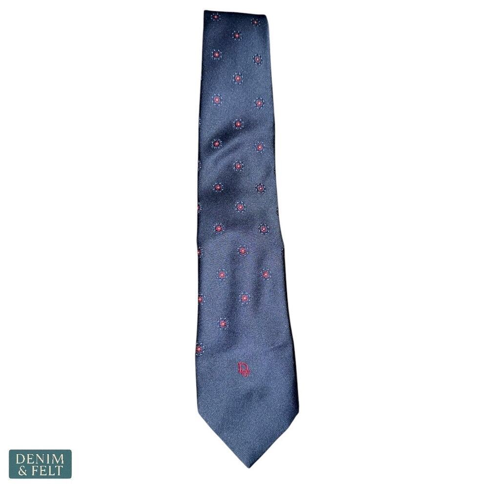 Christian Dior Paris Silk Tie Navy Red Floral Logo Pattern Classic‎ Luxury